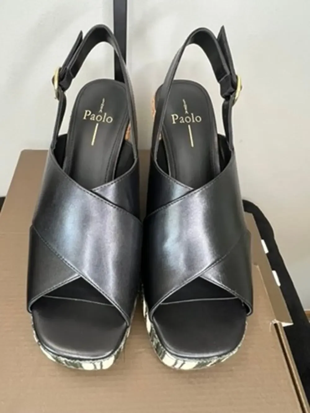 Linea Paolo Valery-L Black Leather Platform Wedge Sandals Size 8.5 NIB